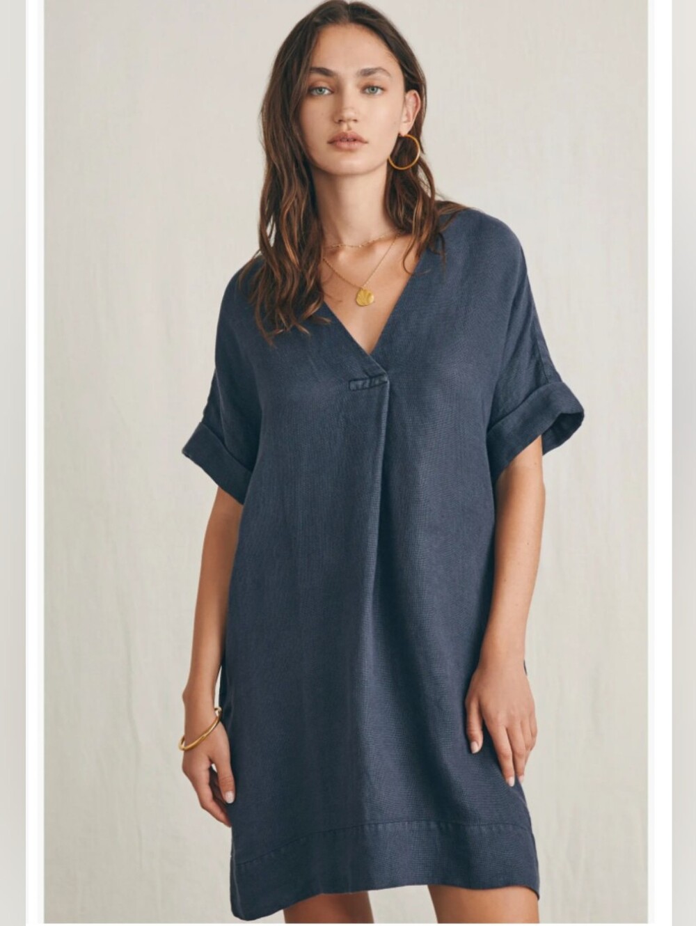 Faherty Linen V-Neck Shift Dress Faded Gray Blue Short Sleeve Pockets M